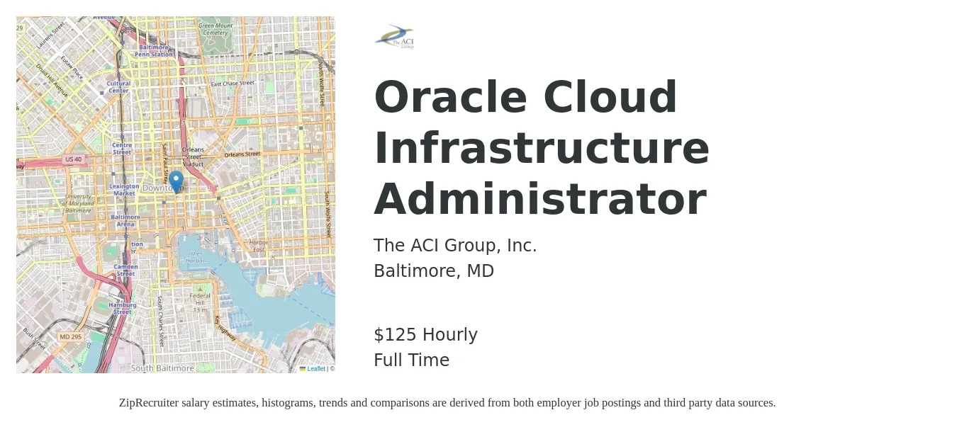 The ACI Group, Inc. job posting for a Oracle Cloud Infrastructure Administrator in Baltimore, MD with a salary of $130 Hourly with a map of Baltimore location.