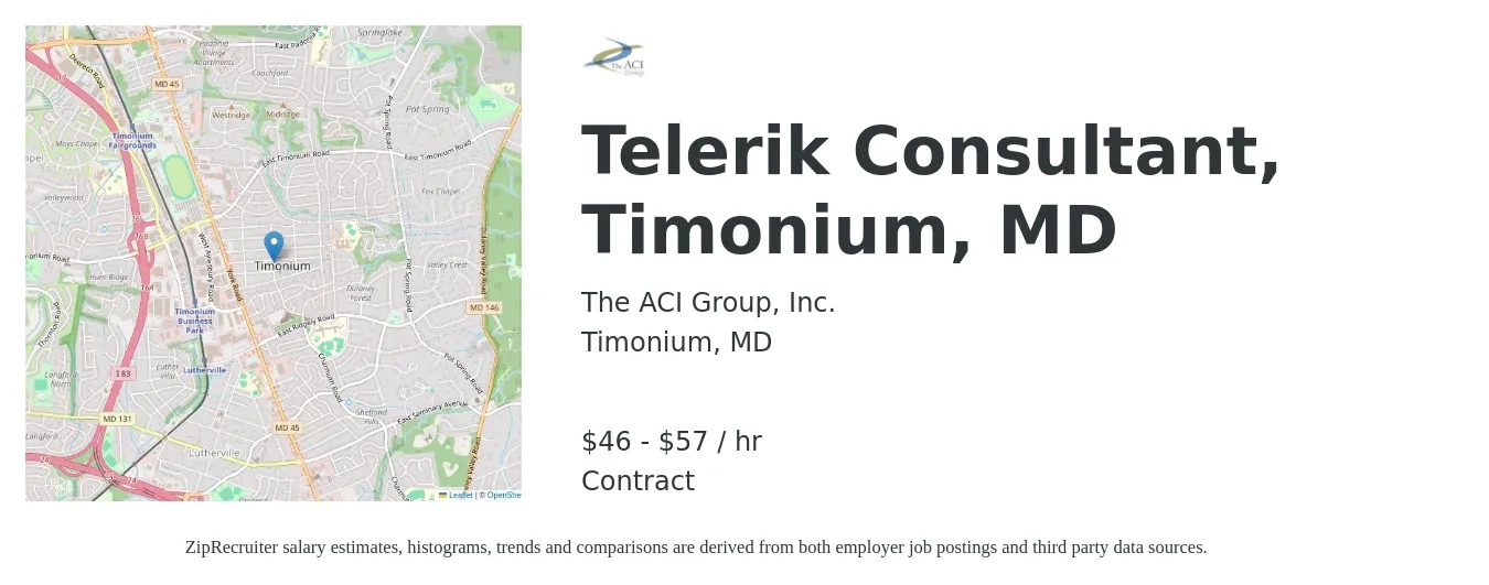 The ACI Group, Inc. job posting for a Telerik Consultant, Timonium, MD in Timonium, MD with a salary of $48 to $60 Hourly with a map of Timonium location.