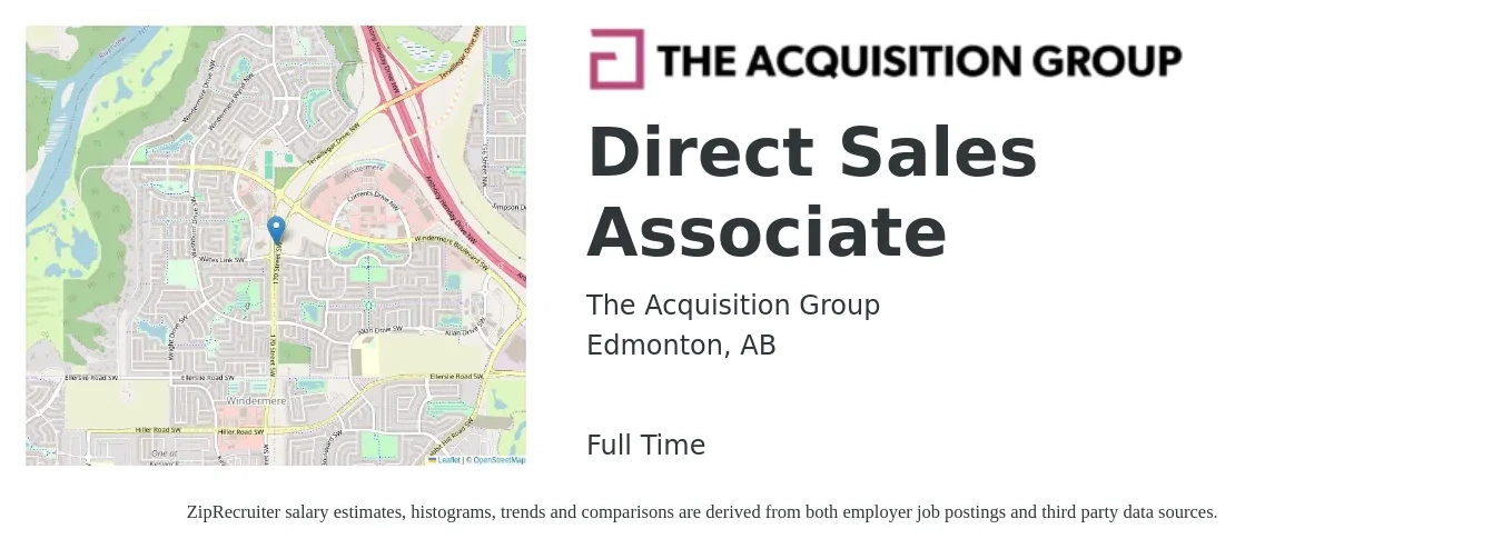 The Acquisition Group job posting for a Direct Sales Associate in Edmonton, AB with a map of Edmonton location.
