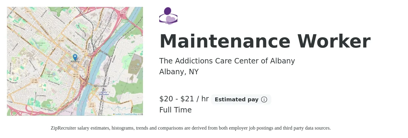 The Addictions Care Center of Albany job posting for a Maintenance Worker in Albany, NY with a salary of $21 to $22 Hourly with a map of Albany location.