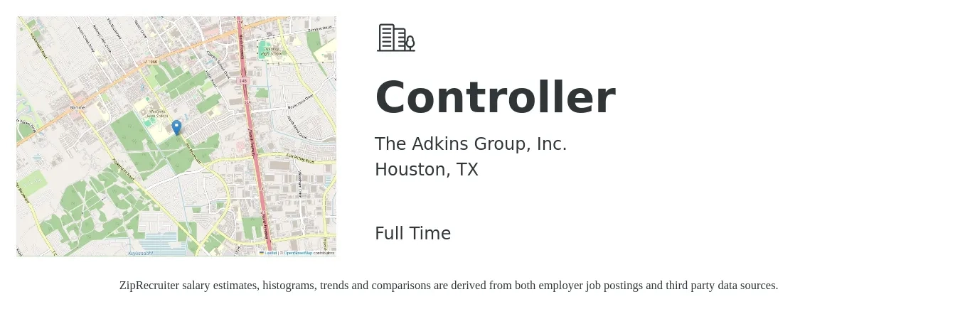 The Adkins Group, Inc. job posting for a Controller in Houston, TX with a salary of $92,600 to $132,300 Yearly with a map of Houston location.