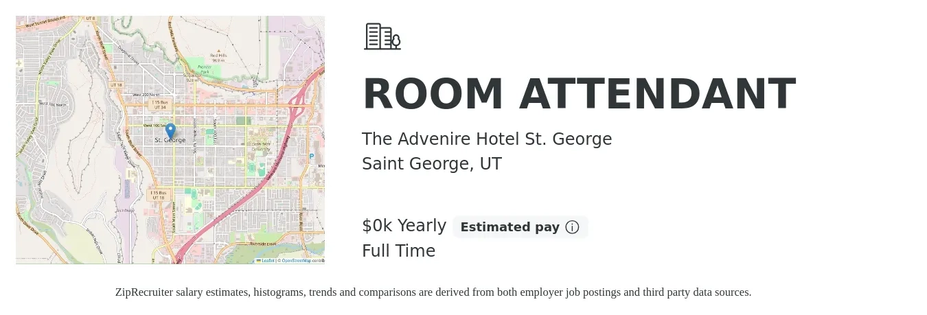 The Advenire Hotel St. George job posting for a ROOM ATTENDANT in Saint George, UT with a salary of $15 to $18 Yearly with a map of Saint George location.