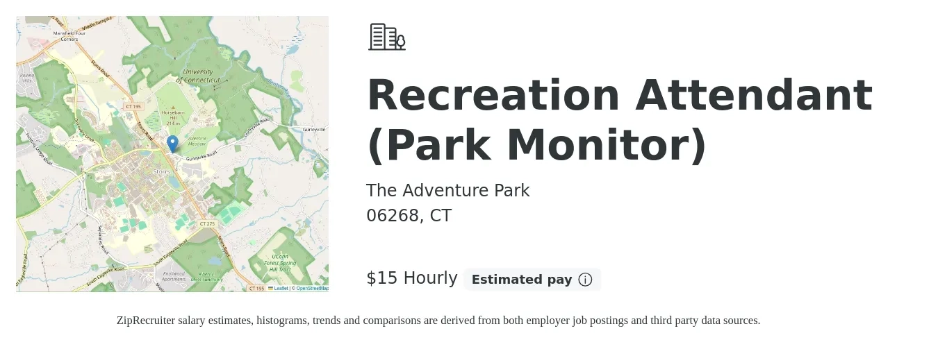 The Adventure Park job posting for a Recreation Attendant (Park Monitor) in 06268, CT with a salary of $16 Hourly with a map of 06268 location.