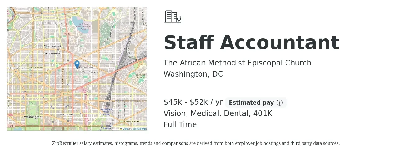 The African Methodist Episcopal Church job posting for a Staff Accountant in Washington, DC with a salary of $45,000 to $52,000 Yearly and benefits including 401k, dental, life_insurance, medical, and vision with a map of Washington location.