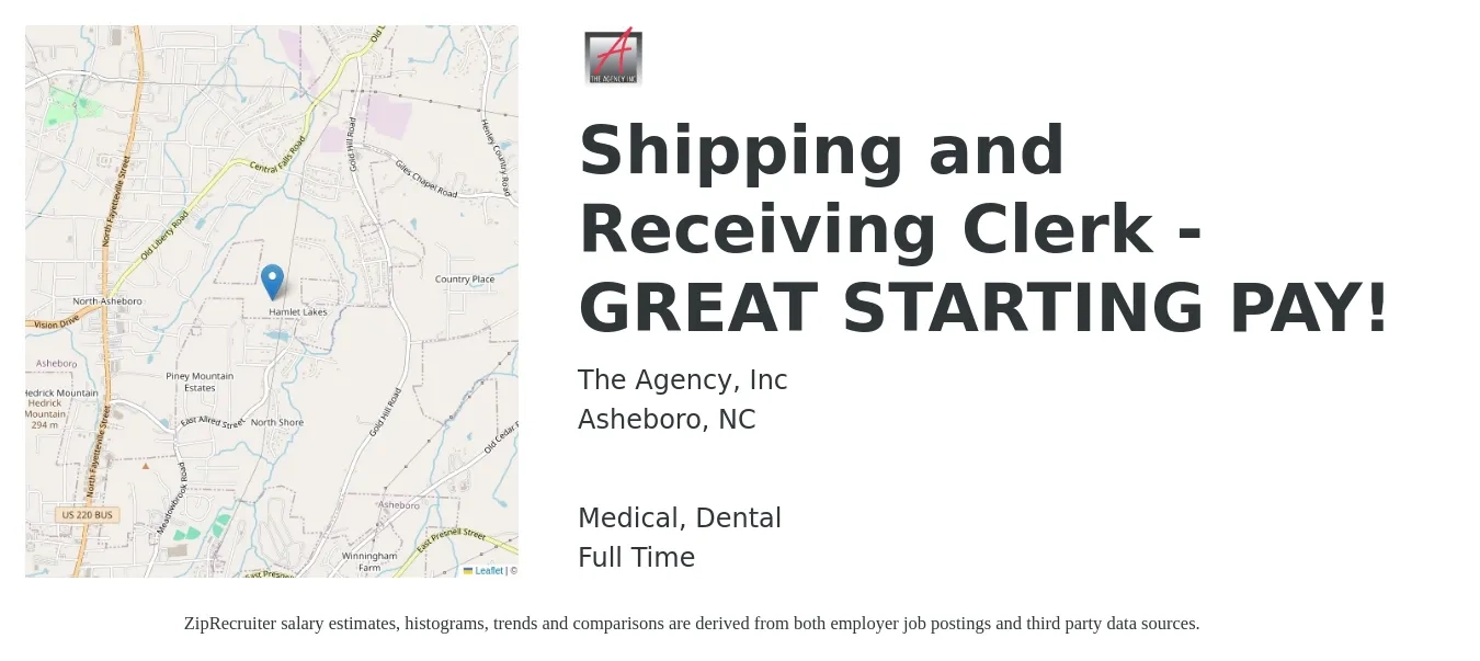 The Agency, Inc job posting for a Shipping and Receiving Clerk - GREAT STARTING PAY! in Asheboro, NC with a salary of $16 to $18 Hourly and benefits including dental, life_insurance, and medical with a map of Asheboro location.