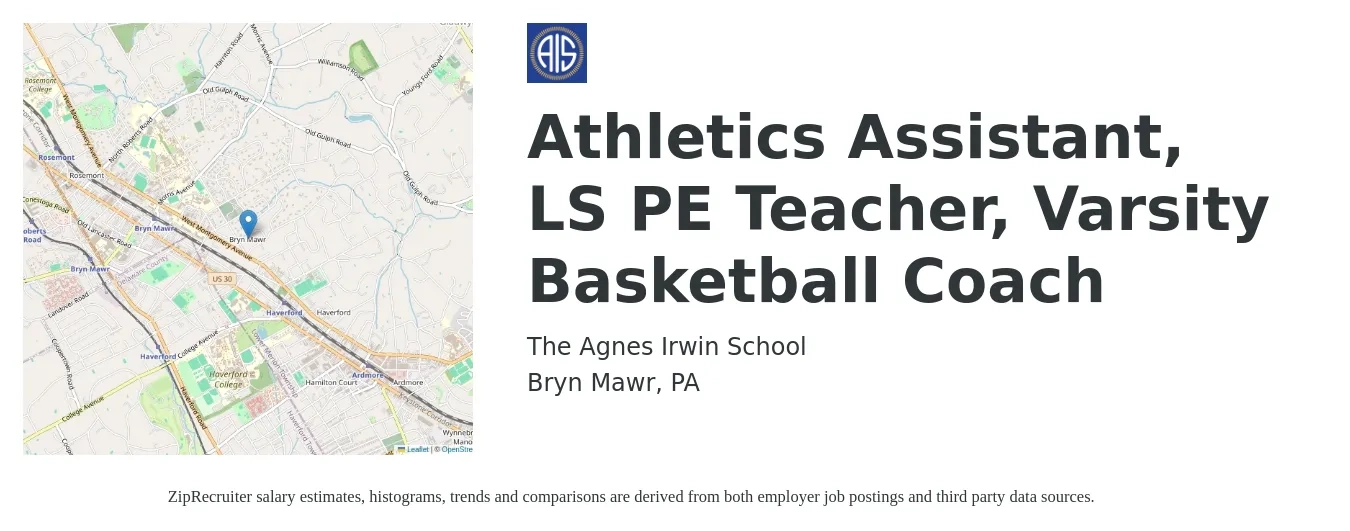 The Agnes Irwin School job posting for a Athletics Assistant, LS PE Teacher, Varsity Basketball Coach in Bryn Mawr, PA with a salary of $24,400 to $45,800 Yearly with a map of Bryn Mawr location.