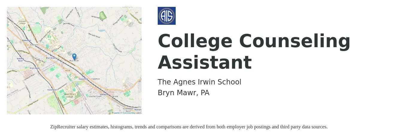 The Agnes Irwin School job posting for a College Counseling Assistant in Bryn Mawr, PA with a salary of $14 to $20 Hourly with a map of Bryn Mawr location.