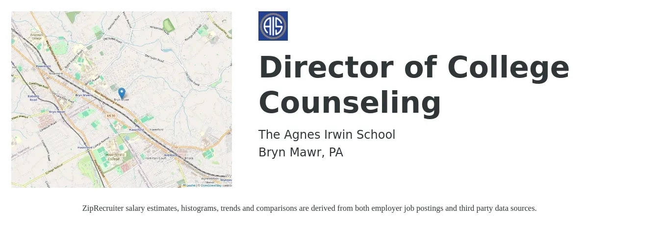 The Agnes Irwin School job posting for a Director of College Counseling in Bryn Mawr, PA with a salary of $55,000 to $80,300 Yearly with a map of Bryn Mawr location.