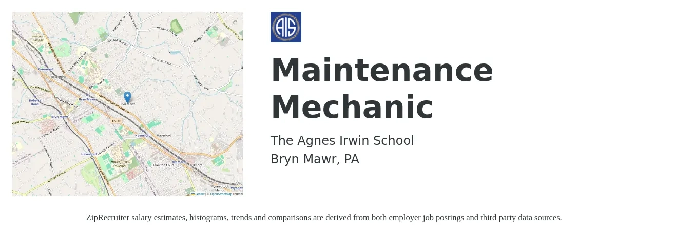 The Agnes Irwin School job posting for a Maintenance Mechanic in Bryn Mawr, PA with a salary of $22 to $28 Hourly with a map of Bryn Mawr location.