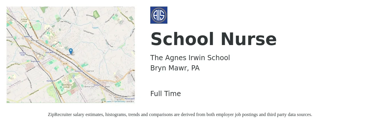 The Agnes Irwin School job posting for a School Nurse in Bryn Mawr, PA with a salary of $23 to $35 Hourly with a map of Bryn Mawr location.
