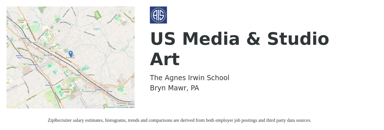 The Agnes Irwin School job posting for a US Media & Studio Art in Bryn Mawr, PA with a salary of $14 to $15 Hourly with a map of Bryn Mawr location.