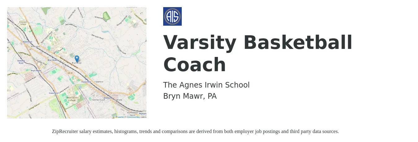 The Agnes Irwin School job posting for a Varsity Basketball Coach in Bryn Mawr, PA with a salary of $14 to $26 Hourly with a map of Bryn Mawr location.