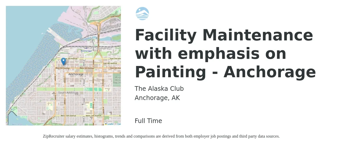 The Alaska Club job posting for a Facility Maintenance with emphasis on Painting: Anchorage in Anchorage, AK with a salary of $20 to $27 Hourly with a map of Anchorage location.