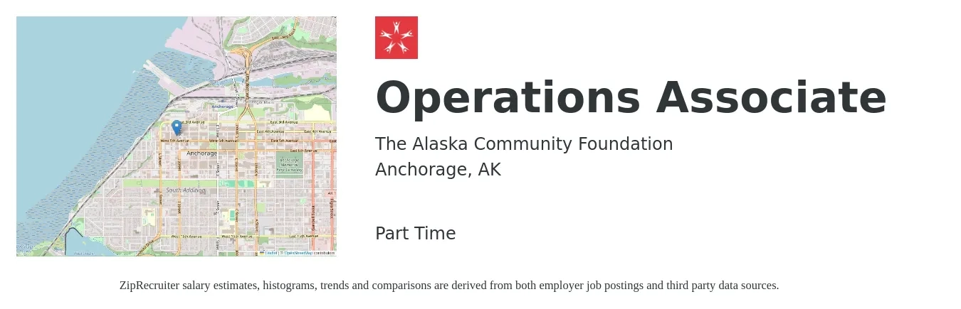 The Alaska Community Foundation job posting for a Operations Associate in Anchorage, AK with a salary of $22 to $24 Hourly with a map of Anchorage location.