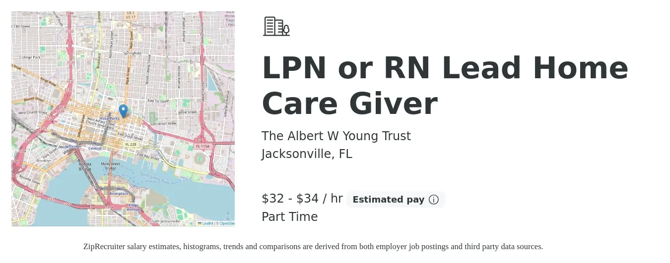 The Albert W Young Trust job posting for a LPN or RN Lead Home Care Giver in Jacksonville, FL with a salary of $34 to $36 Hourly with a map of Jacksonville location.