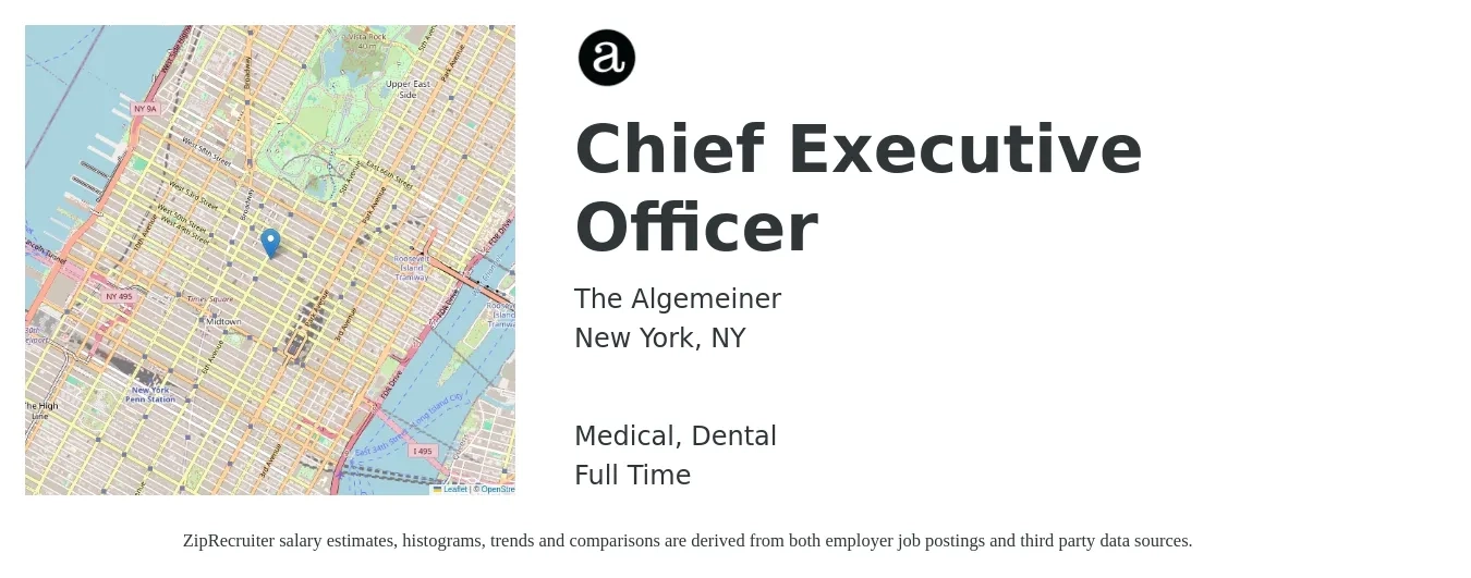 The Algemeiner job posting for a Chief Executive Officer in New York, NY with a salary of $118,700 to $175,000 Yearly and benefits including pto, dental, and medical with a map of New York location.