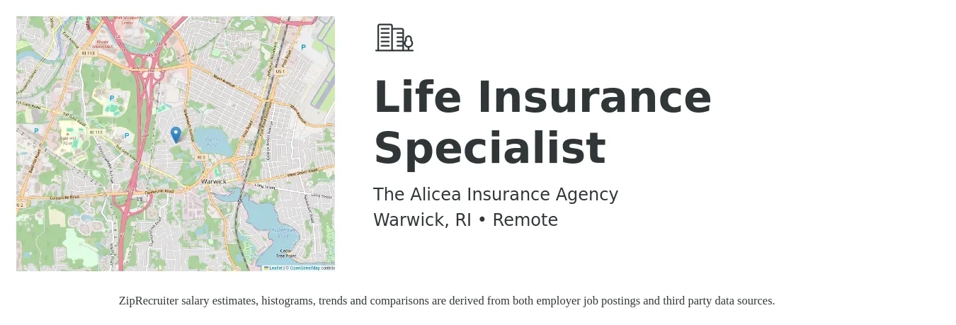 The Alicea Insurance Agency job posting for a Life Insurance Specialist in Warwick, RI with a salary of $70,800 to $97,700 Yearly with a map of Warwick location.