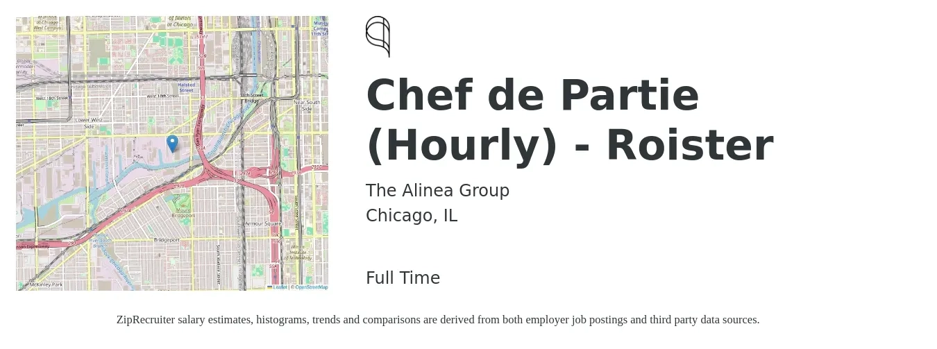 The Alinea Group job posting for a Chef de Partie (Hourly) - Roister in Chicago, IL with a salary of $20 to $21 Hourly with a map of Chicago location.