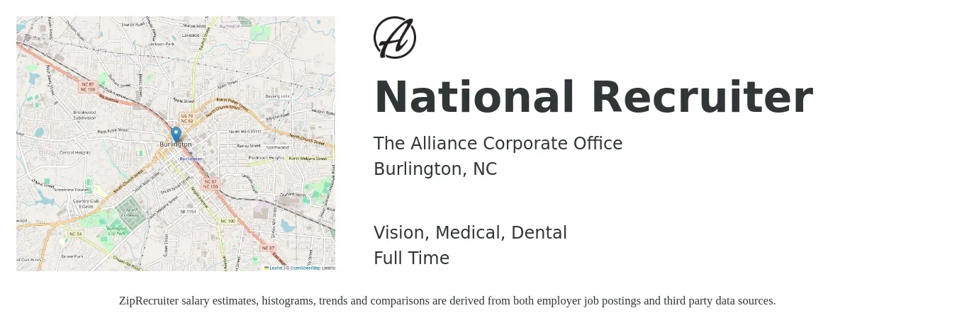 The Alliance Corporate Office job posting for a National Recruiter in Burlington, NC with a salary of $35,100 to $48,000 Yearly and benefits including vision, dental, and medical with a map of Burlington location.