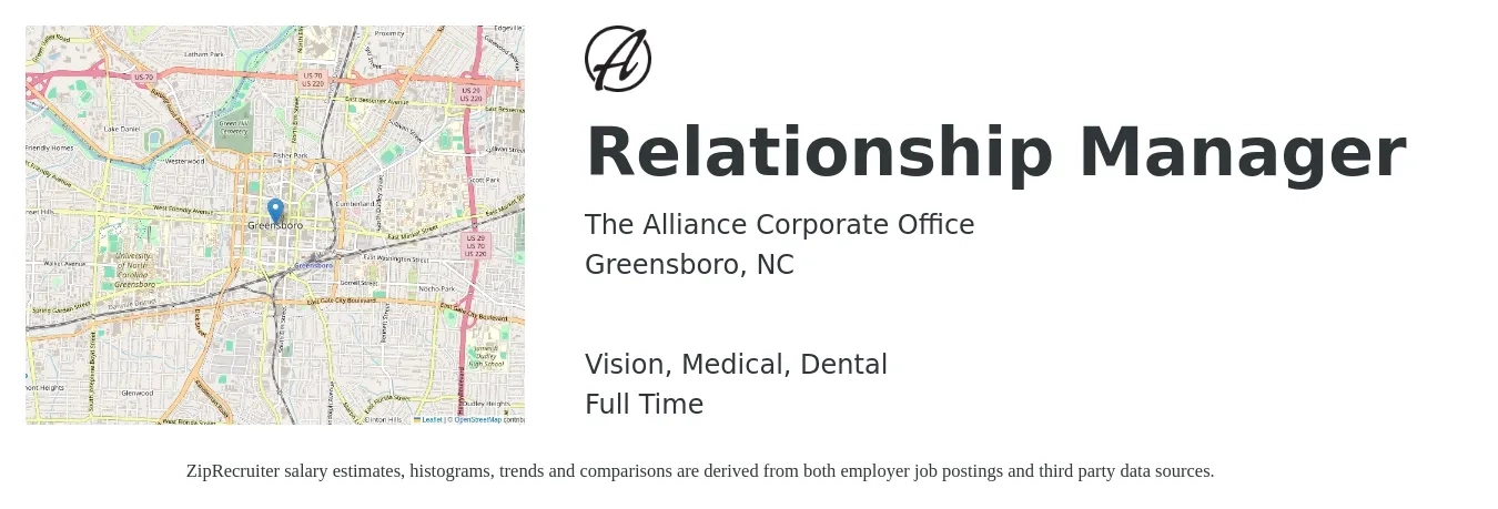 The Alliance Corporate Office job posting for a Relationship Manager in Greensboro, NC with a salary of $48,900 to $102,200 Yearly and benefits including retirement, vision, dental, life_insurance, medical, and pto with a map of Greensboro location.