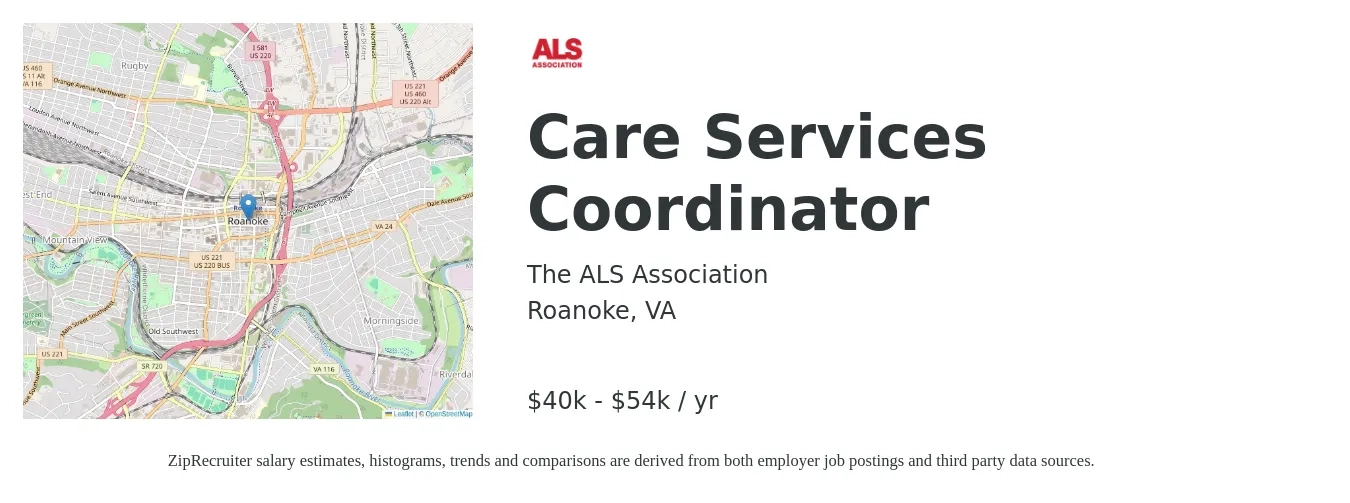 The ALS Association job posting for a Care Services Coordinator in Roanoke, VA with a salary of $40,166 to $54,585 Yearly with a map of Roanoke location.
