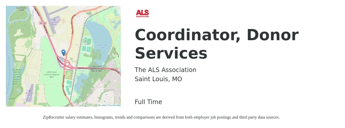The ALS Association job posting for a Coordinator, Donor Services in Saint Louis, MO with a salary of $23 to $25 Hourly with a map of Saint Louis location.