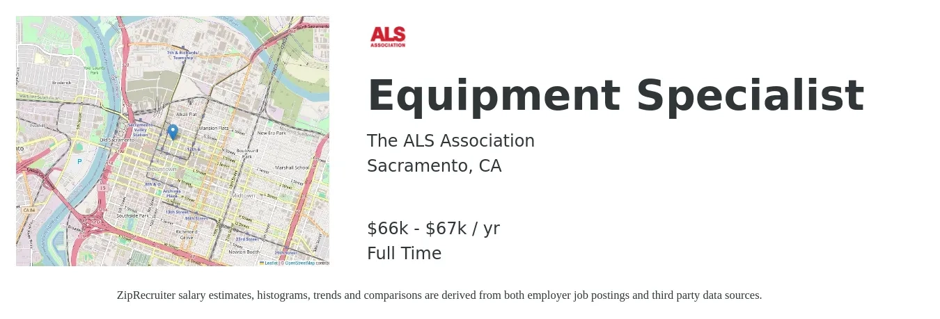 The ALS Association job posting for a Equipment Specialist in Sacramento, CA with a salary of $41,496 to $46,496 Yearly with a map of Sacramento location.
