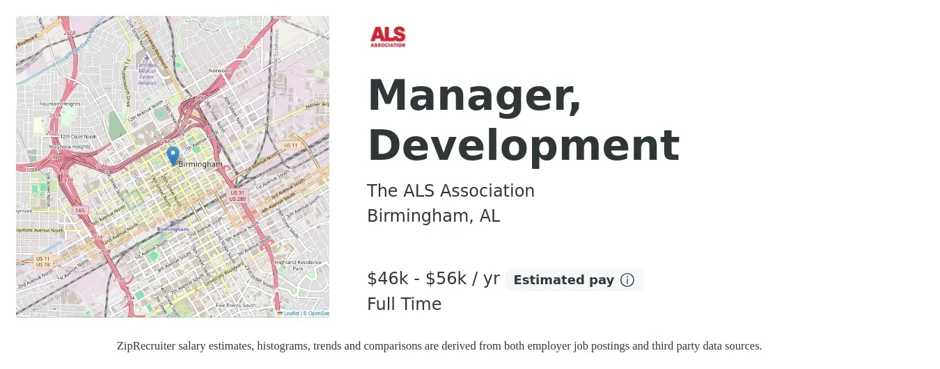 The ALS Association job posting for a Manager, Development in Birmingham, AL with a salary of $46,346 to $56,894 Yearly with a map of Birmingham location.