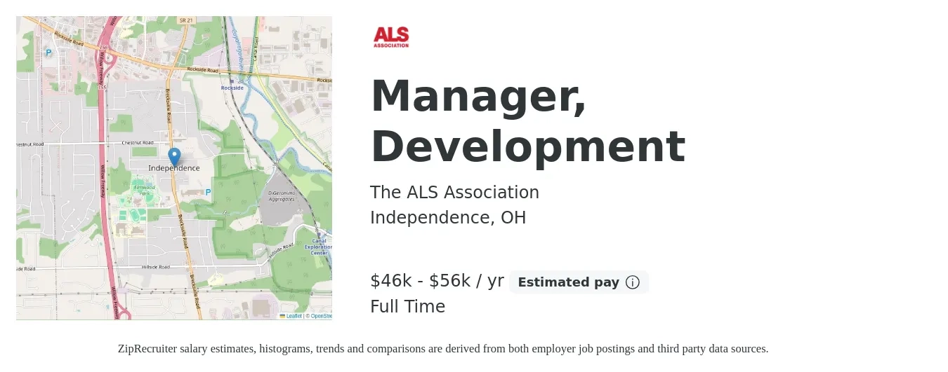 The ALS Association job posting for a Manager, Development in Independence, OH with a salary of $46,345 to $56,894 Yearly with a map of Independence location.