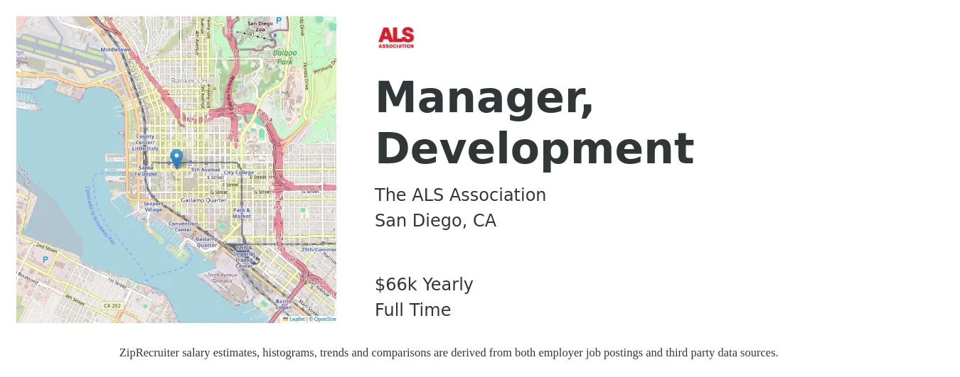 The ALS Association job posting for a Manager, Development in San Diego, CA with a salary of $66,560 Yearly with a map of San Diego location.