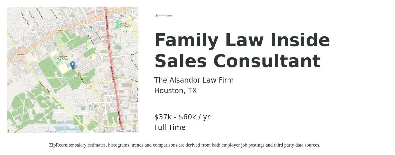 The Alsandor Law Firm job posting for a Family Law Inside Sales Consultant in Houston, TX with a salary of $37,000 to $60,000 Yearly with a map of Houston location.