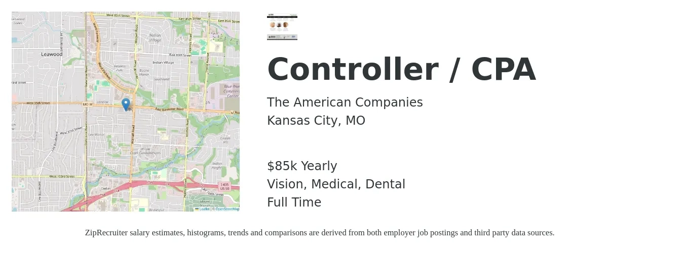 The American Companies job posting for a Controller / CPA in Kansas City, MO with a salary of $85,000 Yearly and benefits including dental, life_insurance, medical, retirement, and vision with a map of Kansas City location.