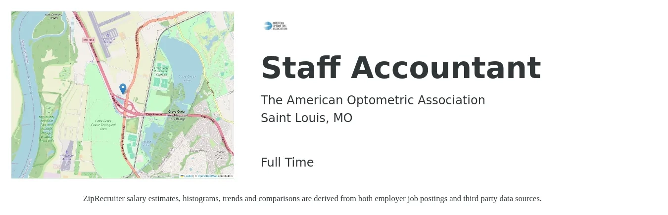 The American Optometric Association job posting for a Staff Accountant in Saint Louis, MO with a salary of $51,500 to $67,900 Yearly with a map of Saint Louis location.