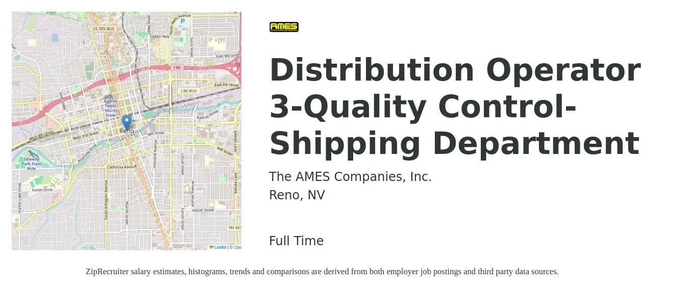The AMES Companies, Inc. job posting for a Distribution Operator 3-Quality Control-Shipping Department in Reno, NV with a salary of $17 to $20 Hourly with a map of Reno location.