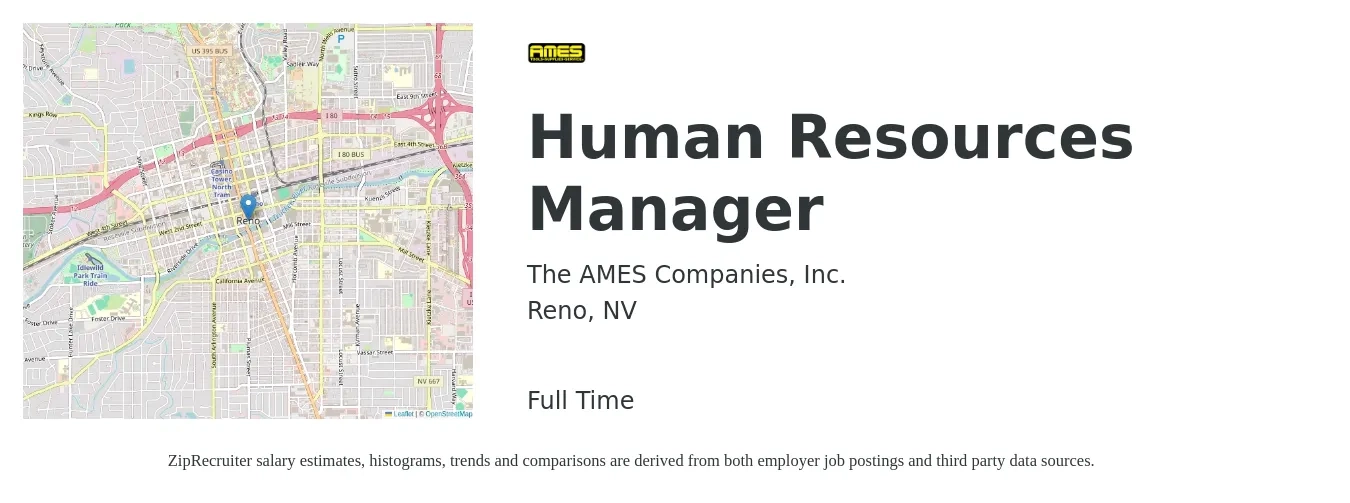 The AMES Companies, Inc. job posting for a Human Resources Manager in Reno, NV with a salary of $68,800 to $99,700 Yearly with a map of Reno location.