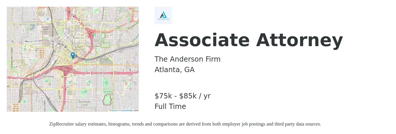 The Anderson Firm job posting for a Associate Attorney in Atlanta, GA with a salary of $75,000 to $85,000 Yearly with a map of Atlanta location.