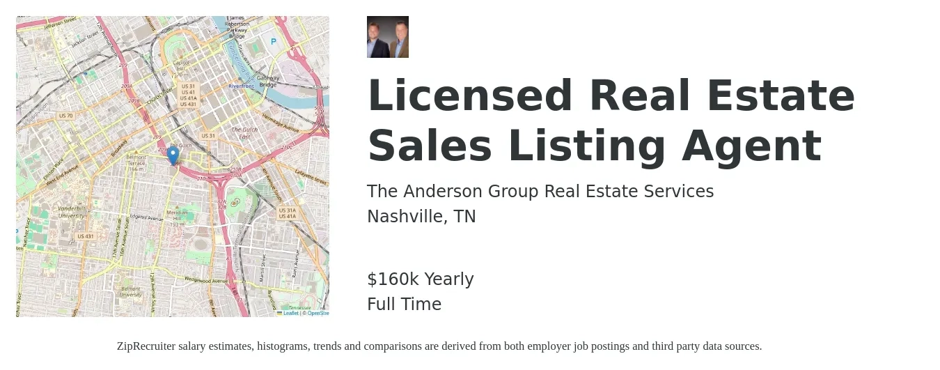 The Anderson Group Real Estate Services job posting for a Licensed Real Estate Sales Listing Agent in Nashville, TN with a salary of $160,000 Yearly with a map of Nashville location.