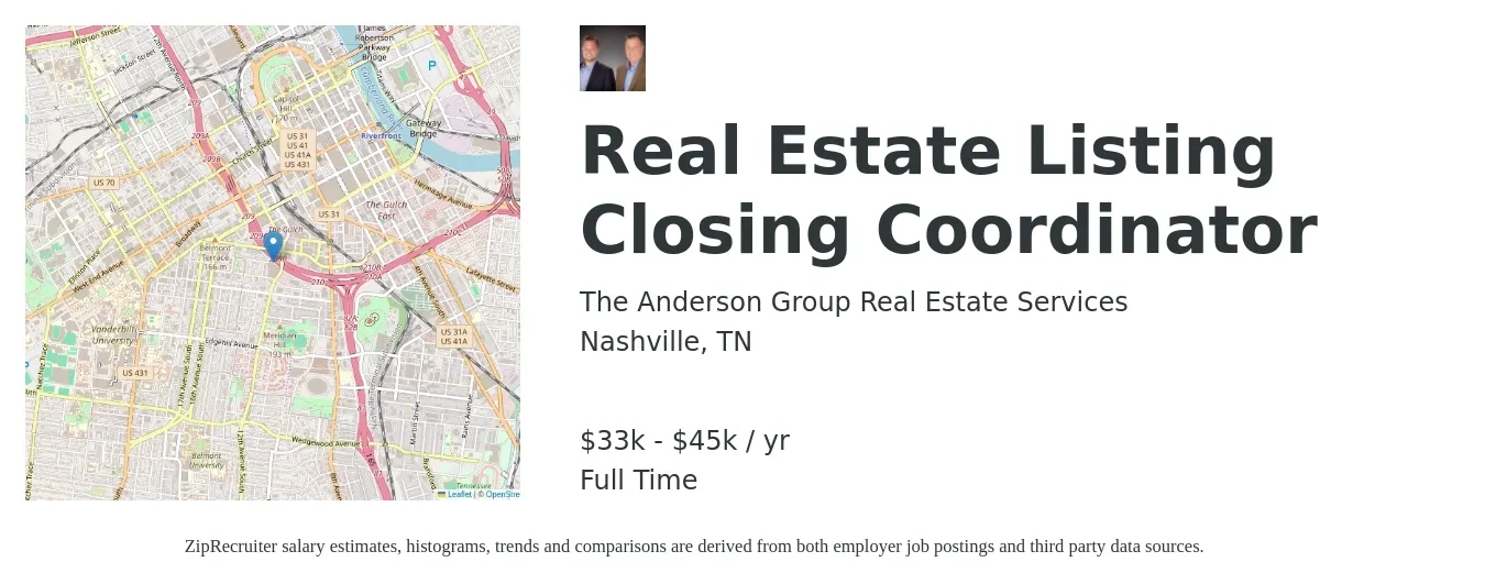 The Anderson Group Real Estate Services job posting for a Real Estate Listing Closing Coordinator in Nashville, TN with a salary of $33,000 to $45,000 Yearly with a map of Nashville location.