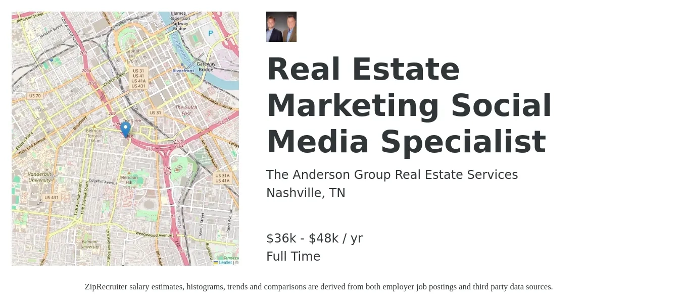 The Anderson Group Real Estate Services job posting for a Real Estate Marketing Social Media Specialist in Nashville, TN with a salary of $36,000 to $48,000 Yearly with a map of Nashville location.