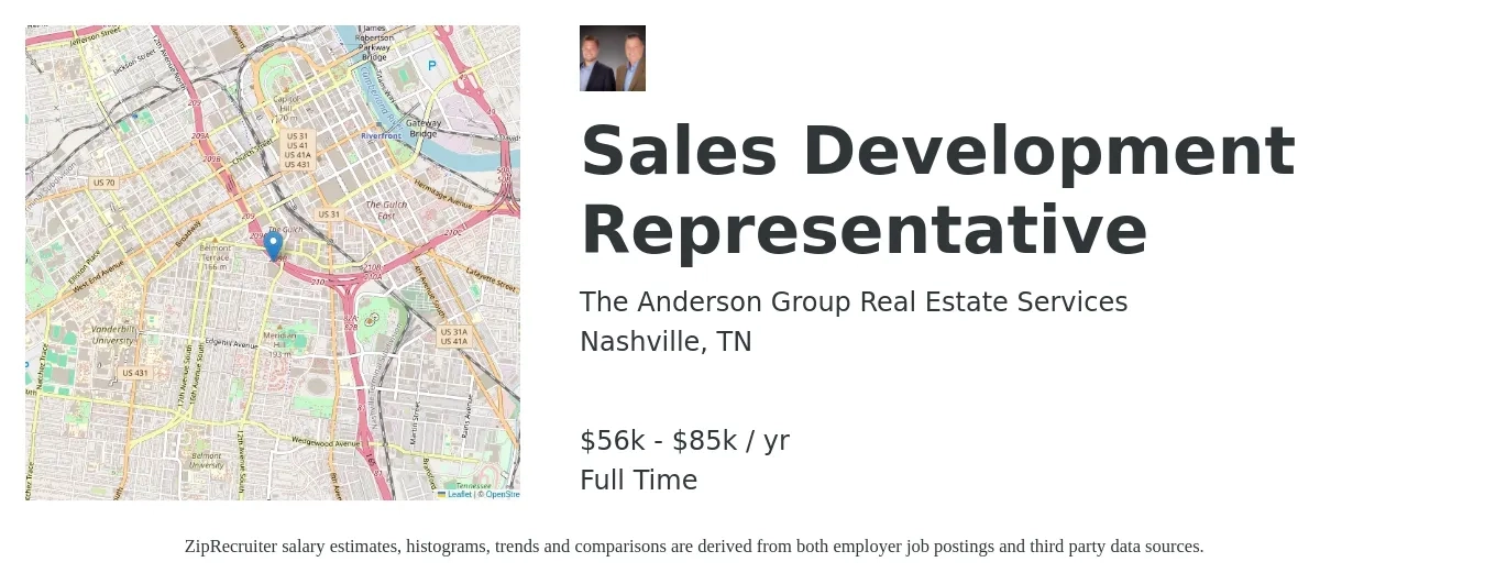 The Anderson Group Real Estate Services job posting for a Sales Development Representative in Nashville, TN with a salary of $56,000 to $85,000 Yearly with a map of Nashville location.