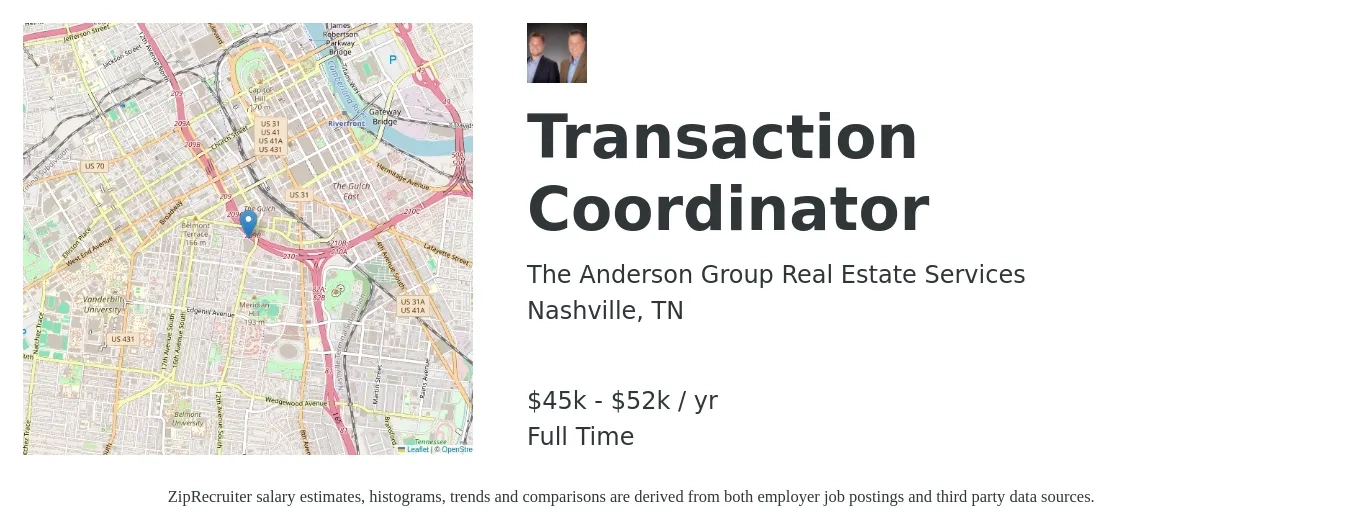 The Anderson Group Real Estate Services job posting for a Transaction Coordinator in Nashville, TN with a salary of $45,000 to $52,500 Yearly with a map of Nashville location.