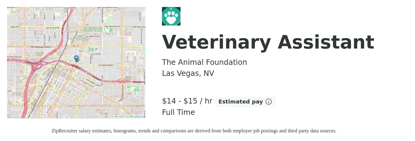 The Animal Foundation job posting for a Veterinary Assistant in Las Vegas, NV with a salary of $16 to $16 Hourly with a map of Las Vegas location.