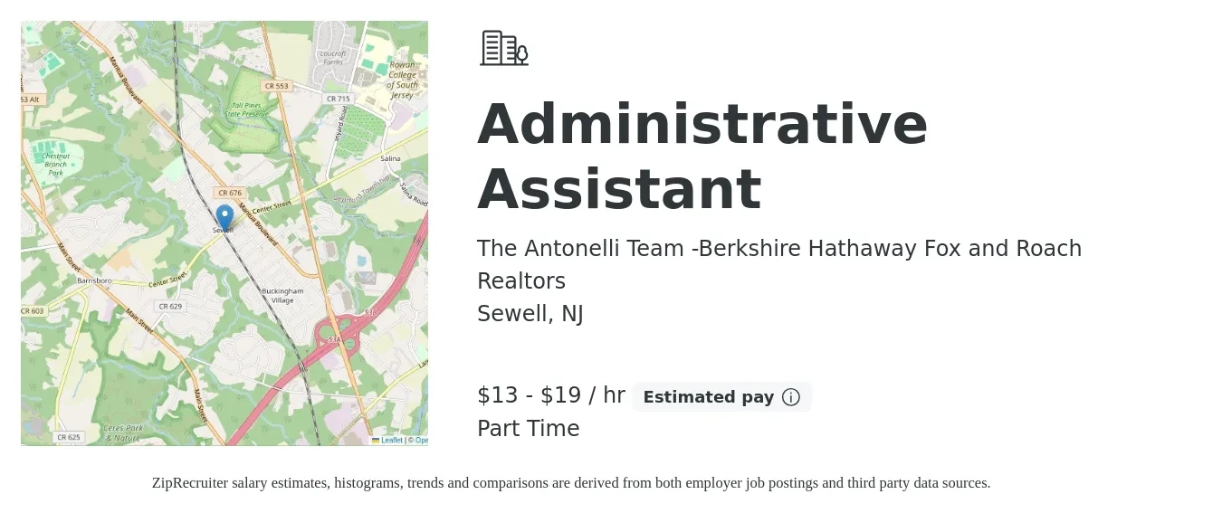 The Antonelli Team -Berkshire Hathaway Fox and Roach Realtors job posting for a Administrative Assistant in Sewell, NJ with a salary of $14 to $20 Hourly (plus commission) with a map of Sewell location.