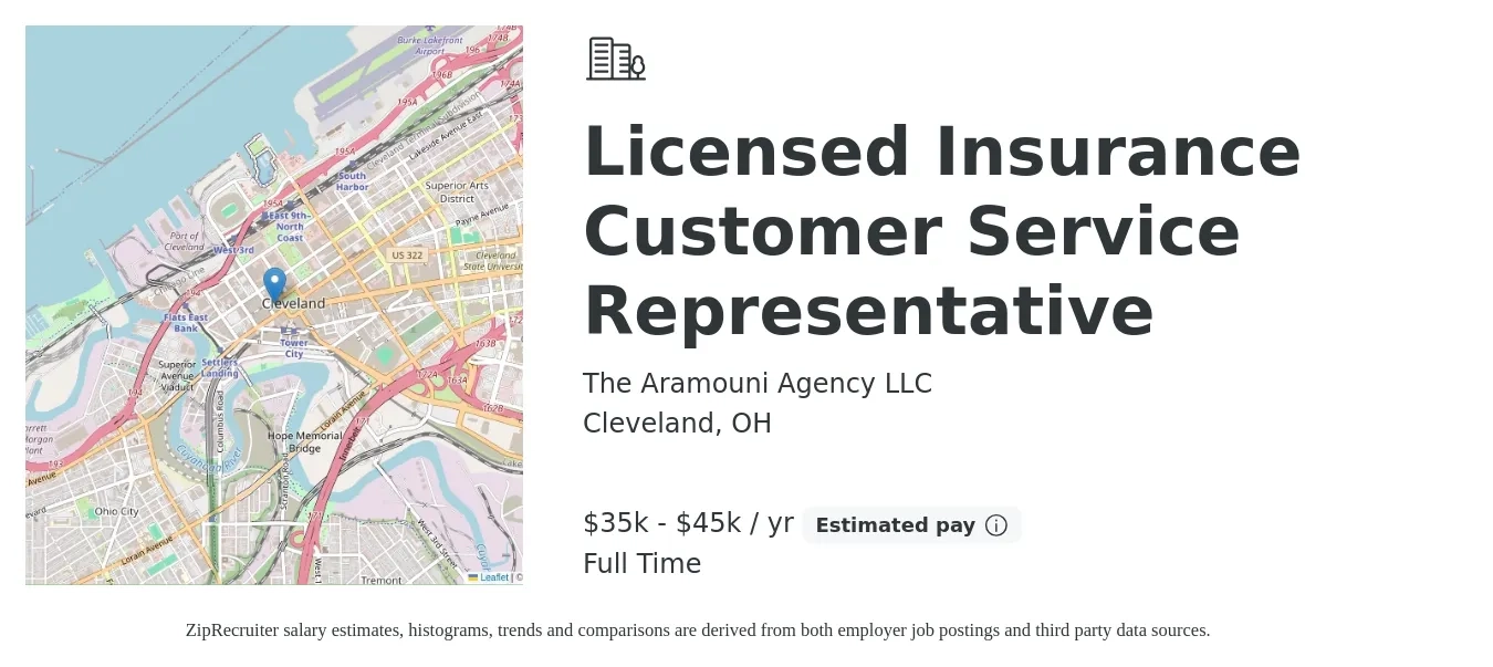 The Aramouni Agency LLC job posting for a Licensed Insurance Customer Service Representative in Cleveland, OH with a salary of $35,000 to $45,000 Yearly with a map of Cleveland location.