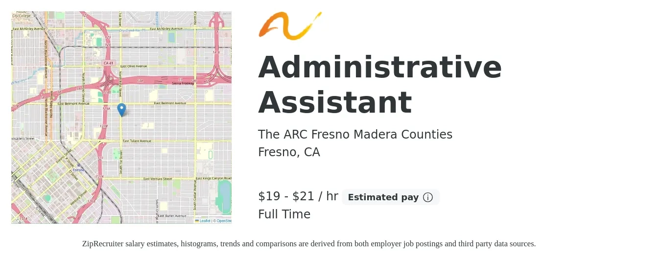 The ARC Fresno Madera Counties job posting for a Administrative Assistant in Fresno, CA with a salary of $20 to $22 Hourly with a map of Fresno location.