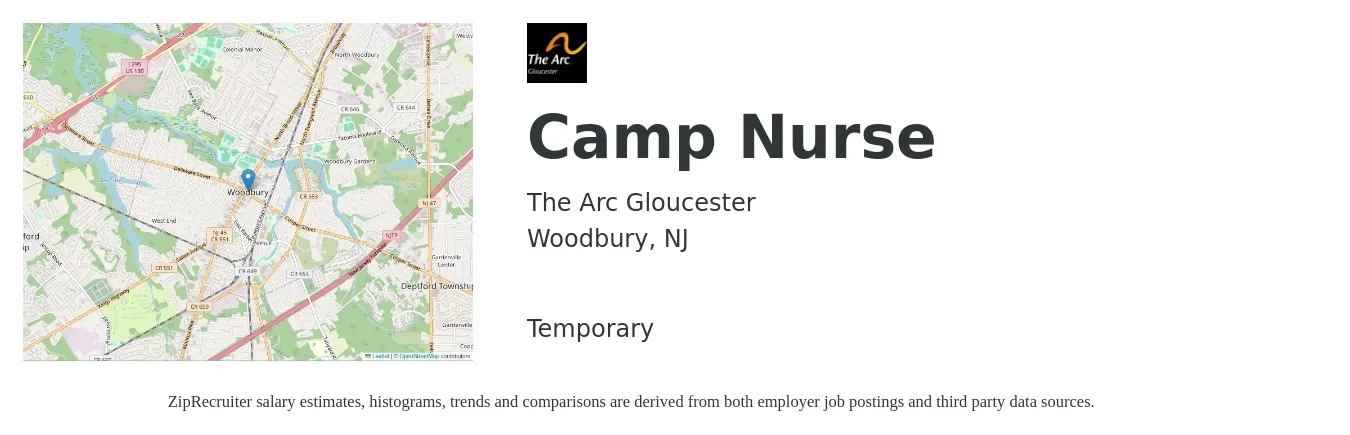 The Arc Gloucester job posting for a Camp Nurse in Woodbury, NJ with a salary of $30 to $44 Hourly with a map of Woodbury location.