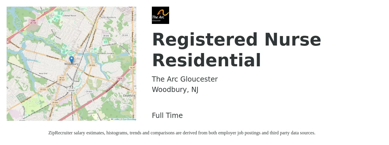 The Arc Gloucester job posting for a Registered Nurse Residential in Woodbury, NJ with a salary of $32 to $51 Hourly with a map of Woodbury location.