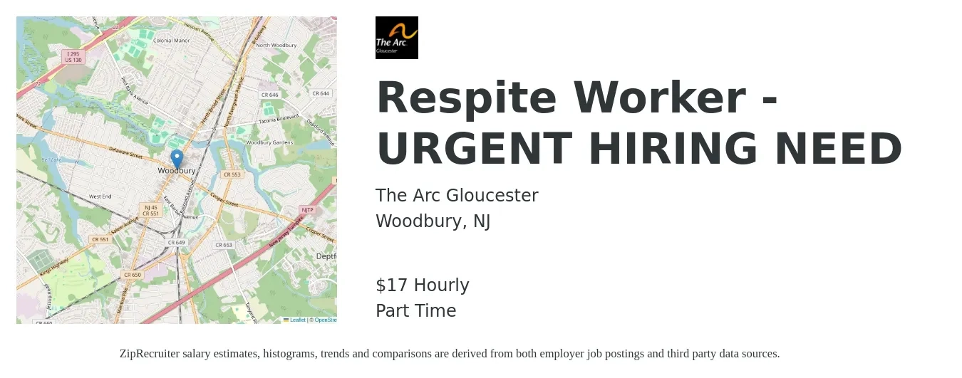 The Arc Gloucester job posting for a Respite Worker - URGENT HIRING NEED in Woodbury, NJ with a salary of $18 Hourly with a map of Woodbury location.