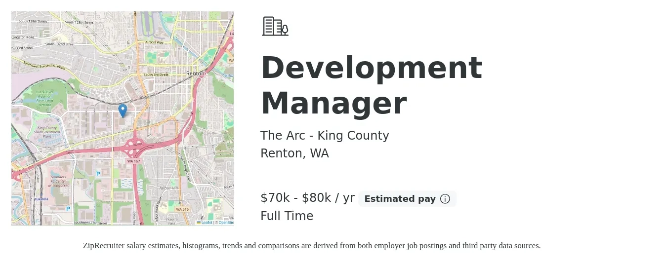 The Arc - King County job posting for a Development Manager in Renton, WA with a salary of $70,000 to $80,000 Yearly with a map of Renton location.