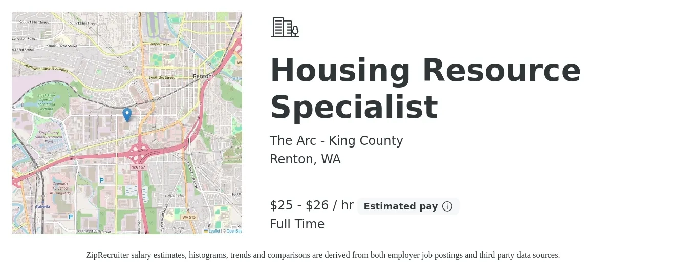 The Arc - King County job posting for a Housing Resource Specialist in Renton, WA with a salary of $26 to $28 Hourly with a map of Renton location.